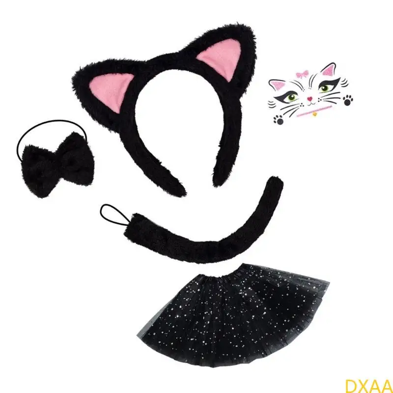 

DXAA Animal Cats Costumes Cats Ears Headband Tail Bowtie Tutu Animal Fancy Costume Halloween Cosplay Party Accessory