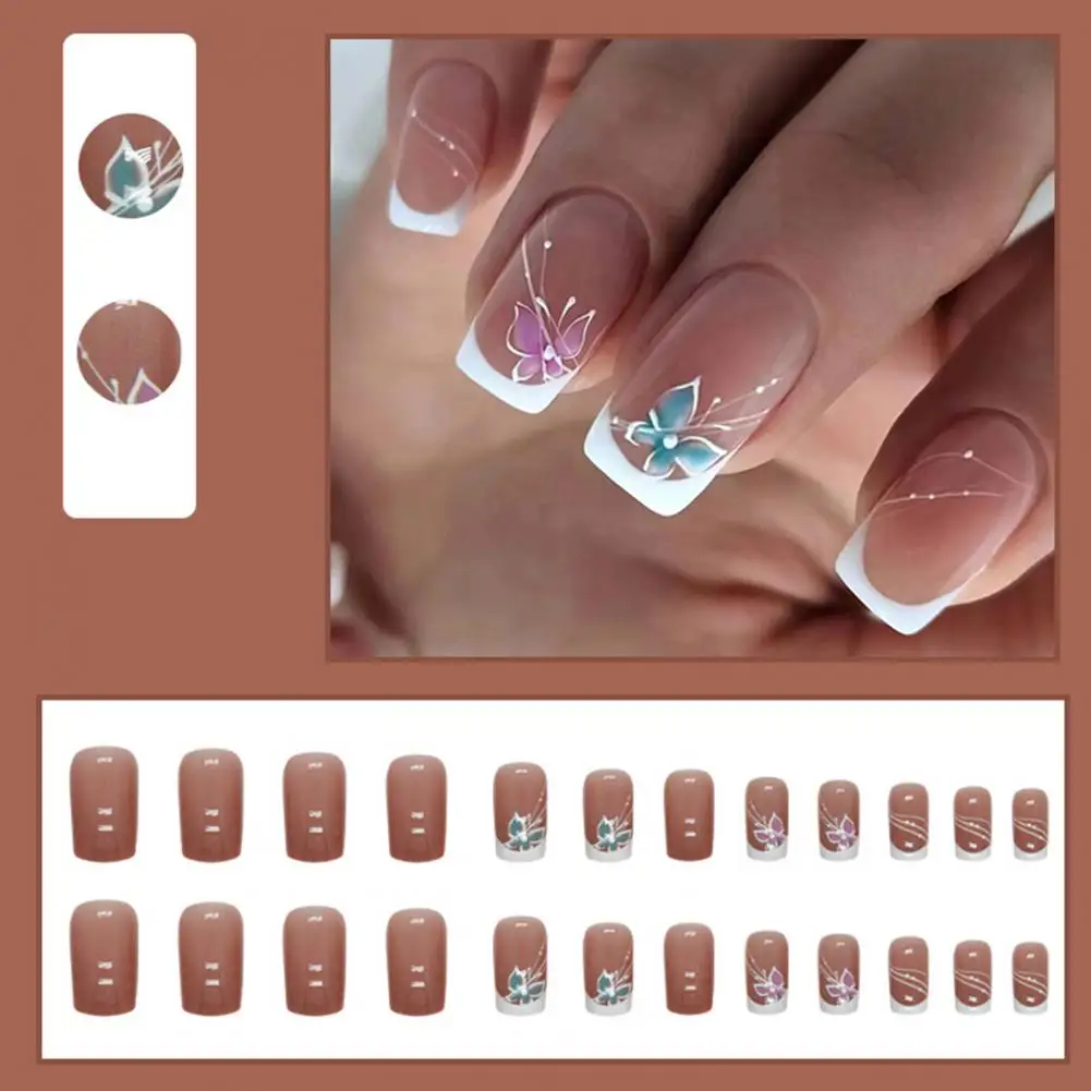 24 stuks vlinder nepnagels Franse vierkante lange nagelverlenging verwijderbare thuissalon vrouwen volledige dekking plastic druk op nagels kit