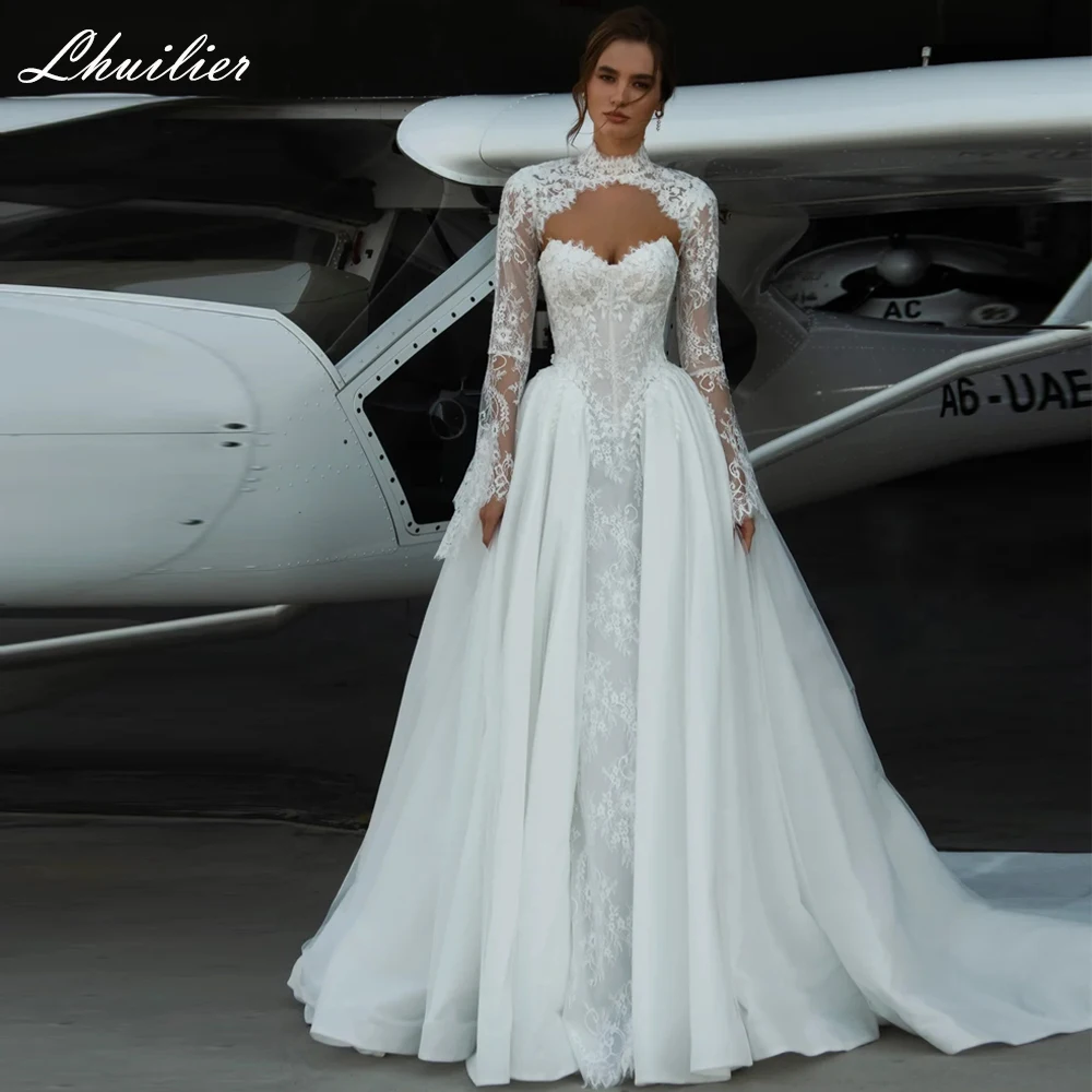 

Lhuilier Индивидуальные кружевные свадебные платья трапециевидной формы без бретелек Иллюзионные свадебные платья со съемной кружевной курткой