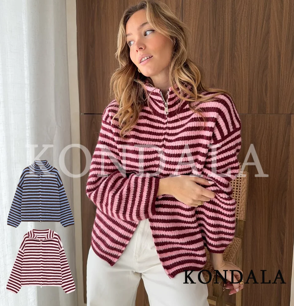 KONDALA Trendige Gestreifte Strickjacke mit Reißverschluss für Damen High-Street-Stil Stehkragen Cardigan Neue Frühjahrsmode 2026 Lässige Damenjacke