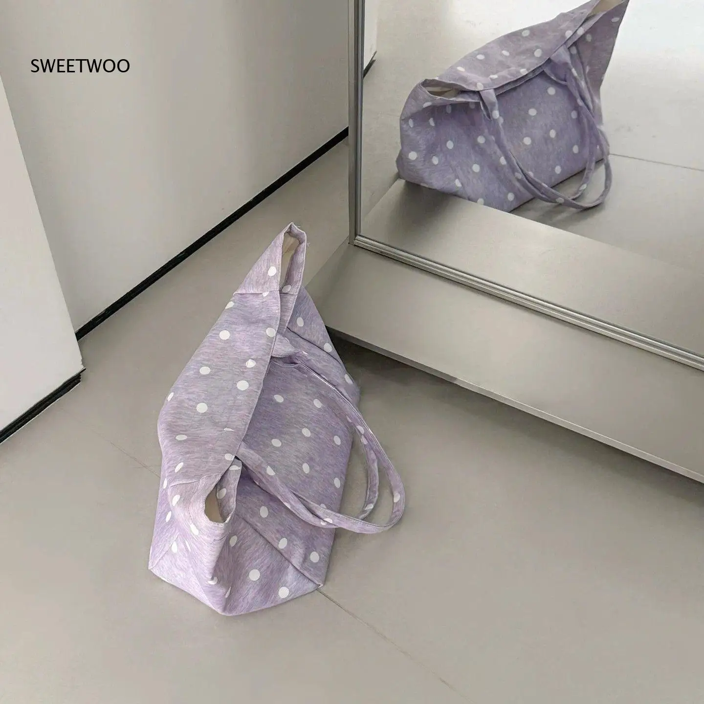 2026 Pastel Purple Polka Dot Lazy Canvas Tote Bag Soft Wide Strap Large Capacity Lightweight Office Commute Handbag