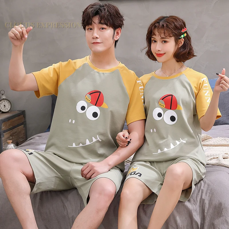 Summer 100% Cotton Cartoon Print Couple Pajama Sets Pyjamas Kawaii Sleep Lounge Short Yellow Sleepwear Suits Pajamas for Lovers