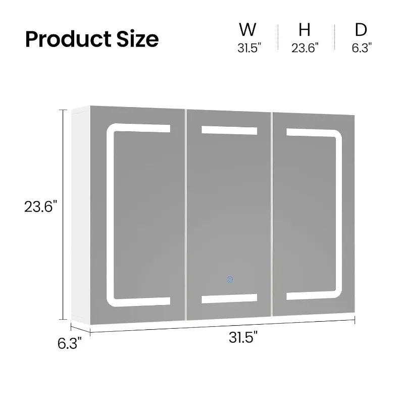Lighted Medicine Cabinet Mirror 3-Door Wall Mount Adjustable Shelves Outlet 31.5x23.6in