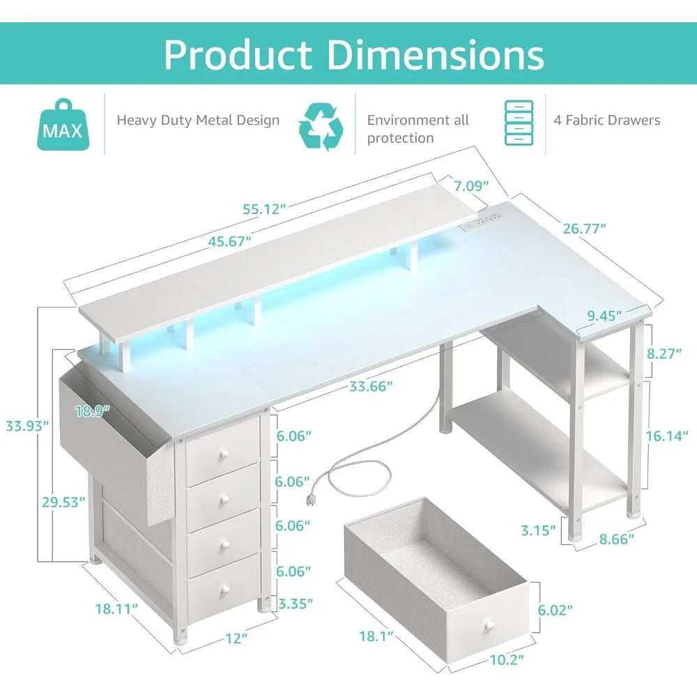 Escritorio esquinero de 55 pulgadas con cajones de tela, escritorio de oficina en casa con soporte para monitor y estantes