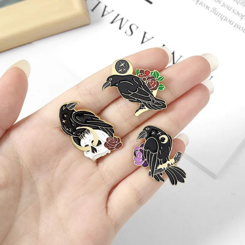 3Pcs Gothic Black Crow Raven Enamel Pins Skull Rose Brooch Vintage Punk Style Lapel Badge for Backpack Jeans Decor image 4