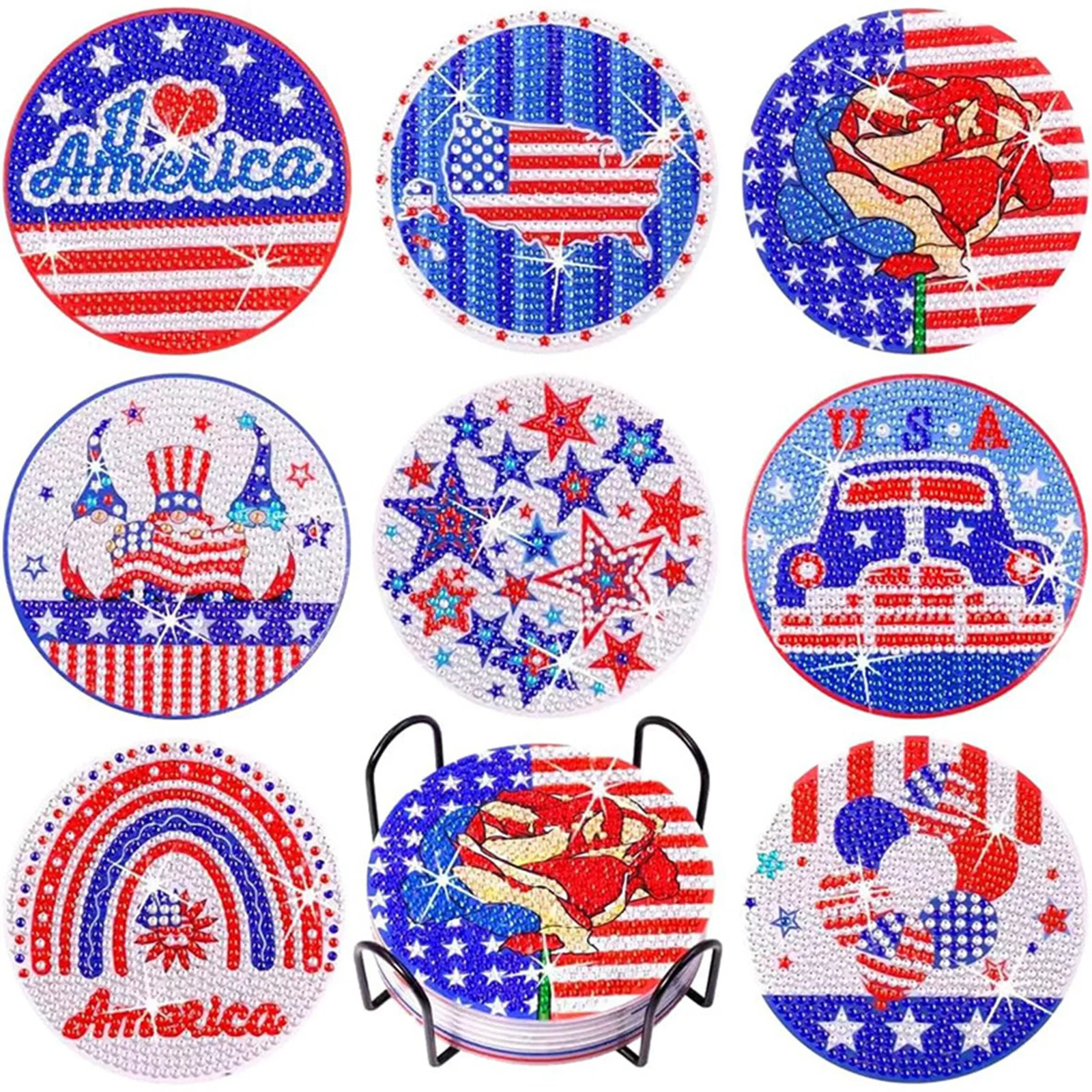 

piece patriotic diamond painting coasters with stand crystal art set, Independence Day peripheral gift, home decoration gift