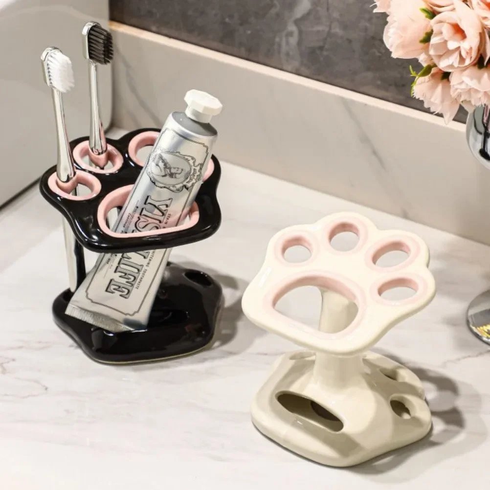 No Drilling Makeup Brush Storage Organizer Tool Base Cat Paw Ceramic Toothbrush Holder Cute Bathroom Accessory