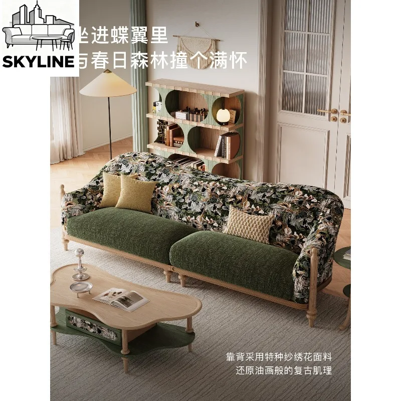 Cream 3-Seater Fabric Sofa, Medieval Tall Back Log Frame for Small Apartment
