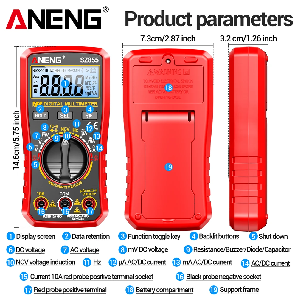 

Digital Multimeter Detection ANENG SZ855 High Precision NCV Voltage Sensing AC/DC Voltage Current Electrician/Household DIY Tool