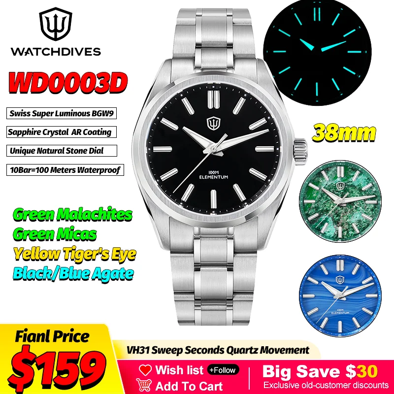 

Watchdives WD0003D 38 мм кварцевые часы с черным агатом Micas Malachites Dial VH31 Механизм Ar Sapphire BGW9 Водонепроницаемые роскошные часы