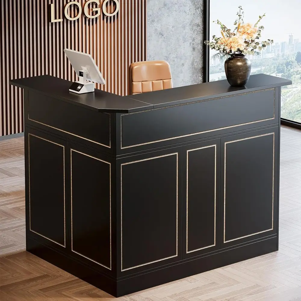 

Reception Desk with Storage Shelves, L-Shaped Modern Front Desk, Reception Counter Table for Small Office, Salon, Checkout Offic