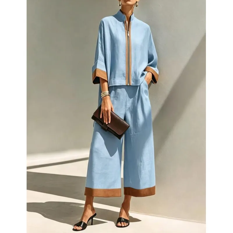 Color Blocked Two-piece Set Women's Spring Autumn Fashion Stand Zipper Cardigan Top With Pants Suit Ladies Casual Office Outfit