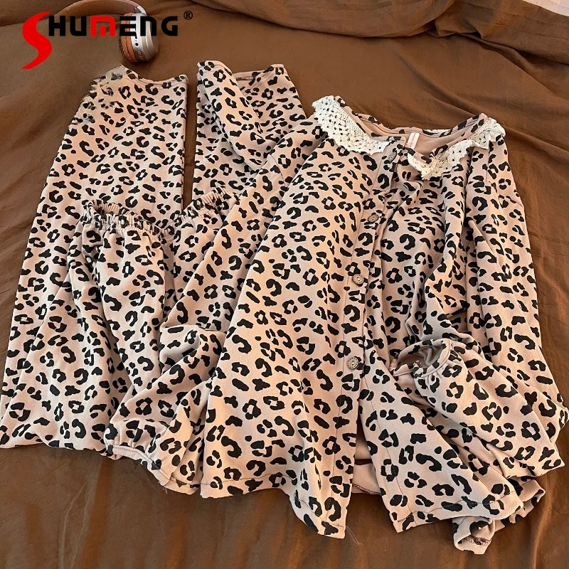 

Autumn Winter New Pajamas for Women with Chest Pads Brown Leopard Print Thickened Homewear Female Japanese Cotton Sleep Set