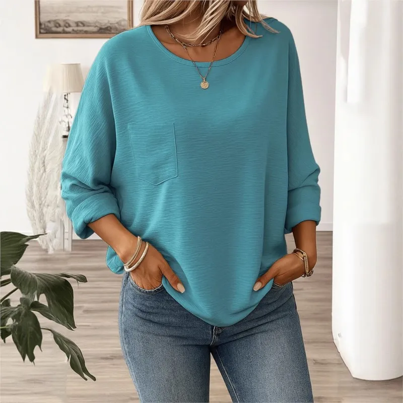 Femmes à manches longues Blouses amples et chemises 2025 automne hiver décontracté basique col rond épissure poche t-shirts hauts femme vêtements