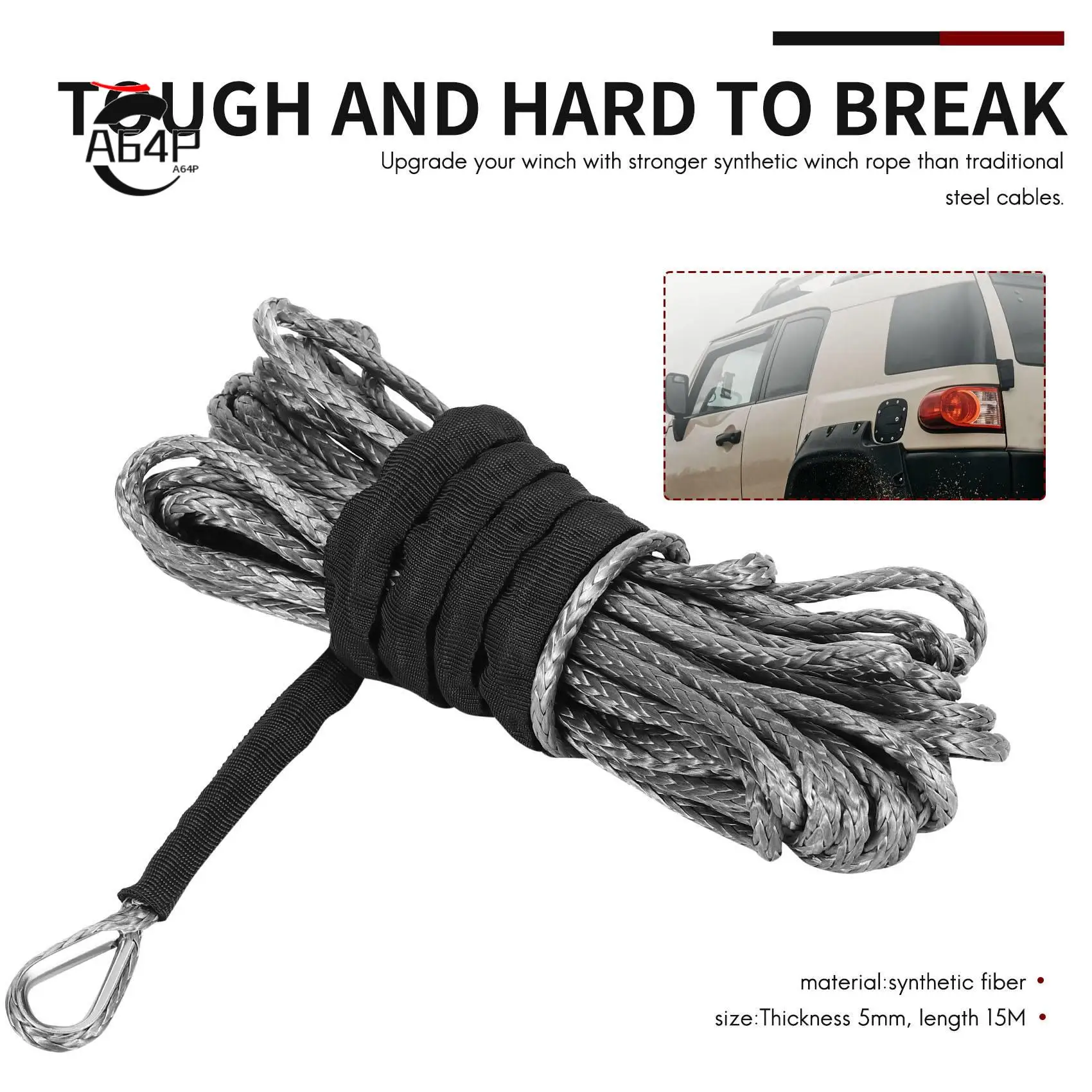 

A64P-3/16 Inch X 50 Inch 7700Lbs Synthetic Winch Line Cable Rope With Protecing Sleeve For ATV UTV (Grey)