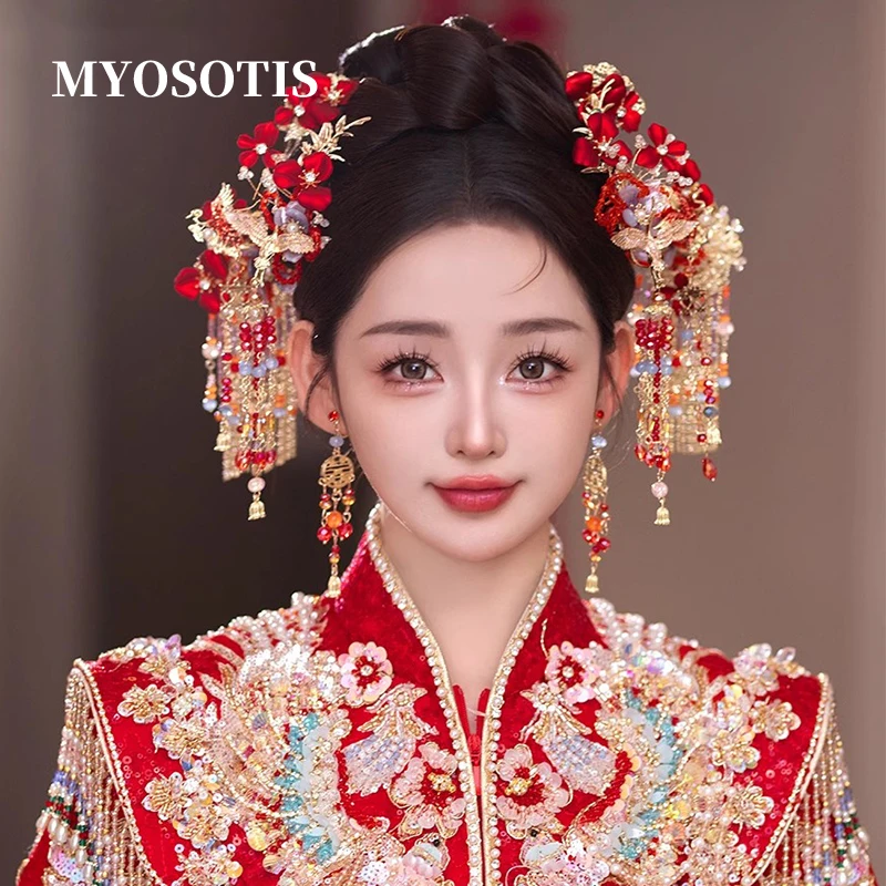 

Luxury Vintage Chinese Wedding Ancient Costume Headwear Gradient Red Flower Hanfu Bride Headpiece Accessories