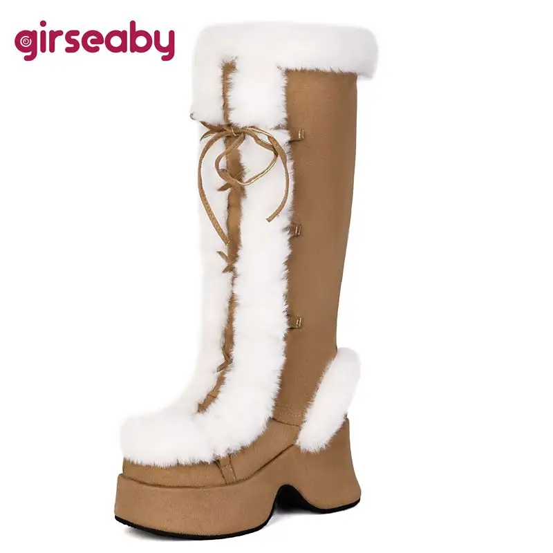 Girseaby, botas de nieve de invierno a la moda para mujer, punta redonda, tacones gruesos, plataforma de 8,3 cm, 4,3 cm, con cordones, peludos, mezclados, cálidos, Bota hasta la rodilla 42 43