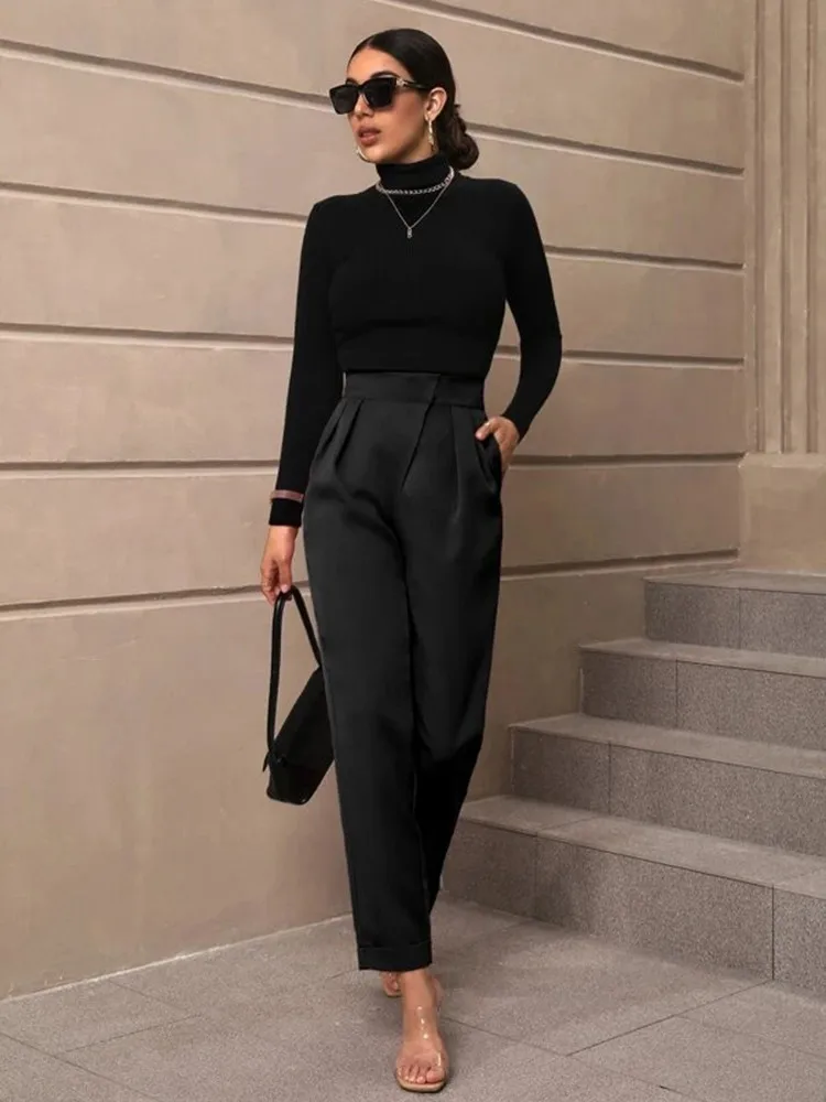 2024 Fashion Casual Women\'s High-waisted Solid Black Color Ninth Pants Suit Diagonal Pocket Tapered Trousers And Pants