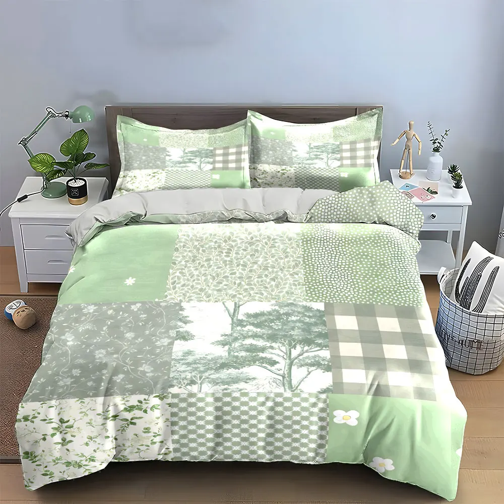 Sage Green Forest Floral Patchwork Bedding Set, Minimalist Tree Daisy Plaid Grid Print Duvet Set, Soft Calm 3pc For Girls Room