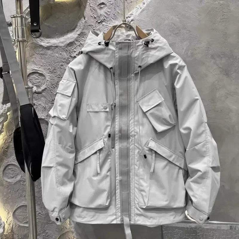 Men's Spring‑Autumn Hooded Functional‑Style Casual Windbreaker, Multi‑Pocket Loose‑Fit Outerwear For Hiking Street Daily Wear