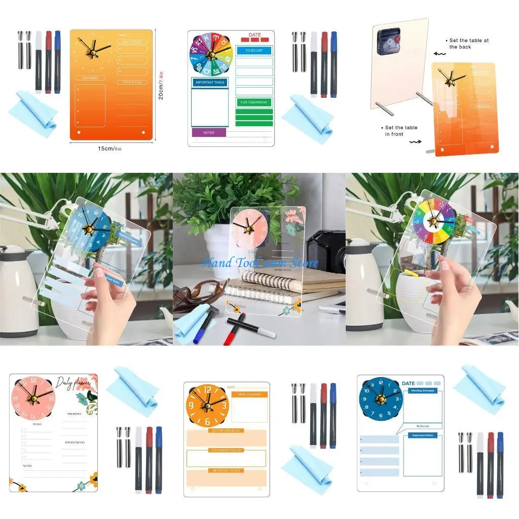 

H37F Standing Desk Acrylic Board Weekly Planner with Clock, Clear Acrylic Memo Board