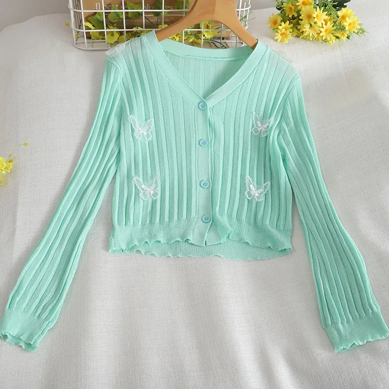 Women\'s Sun Protection Knitted Cardigan Thin V Neck Lace Butterfly Long Sleeve Tops Summer Single Breasted Female Knitshirts