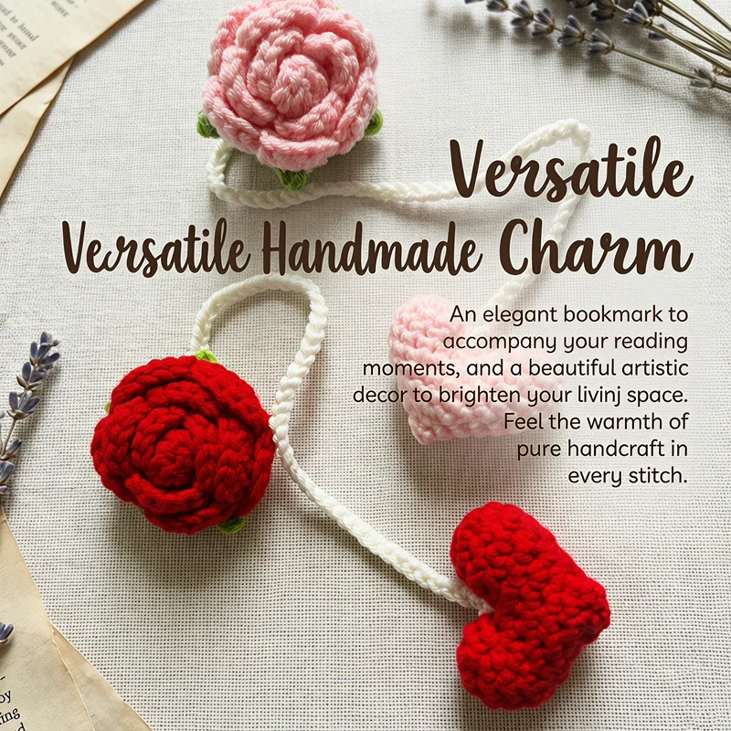 Handmade Crochet Rose Heart Multifunctional Pendant Bookmark, Knitted Flower Keychain Bag Charms, Aesthetic Reading Page Marker,
