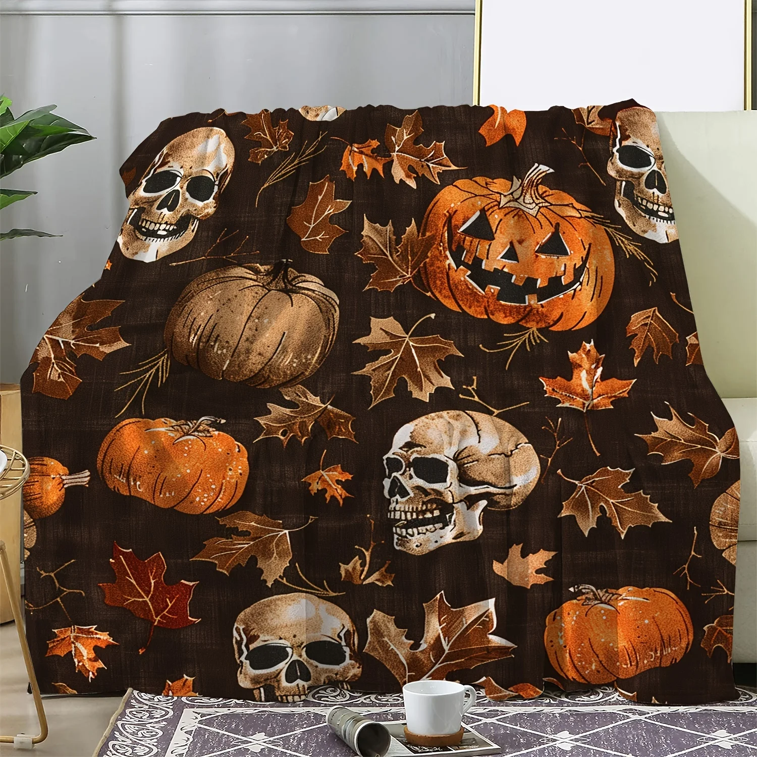 

1 Vintage Halloween Flannel Throw Blanket - Cozy & Soft with Pumpkin, Maple Leaf, and Skull Motifs, Ideal for Couch, Bed, Car,