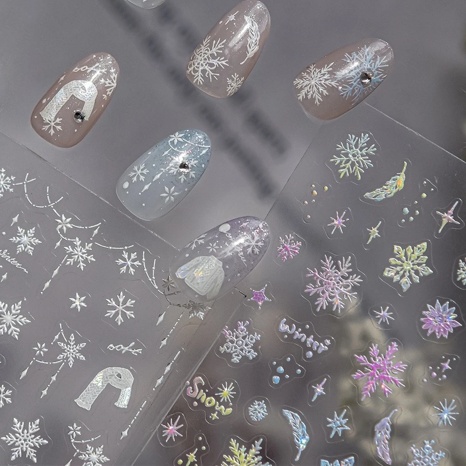 

Romantic Winter White Snow Sweater Line Cap Stars Moon Pink Blue Gradient Snowflake Feather Nail Art Stickers Manicure Decals