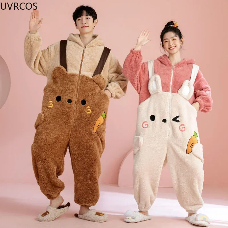 

Sweet Cute Warm Couple Pajamas Cartoon Onesies Winter Kawaii Bunny Ears Hooded Women Sleepwear Home Clothes Men Pyjamas Jumpsuit