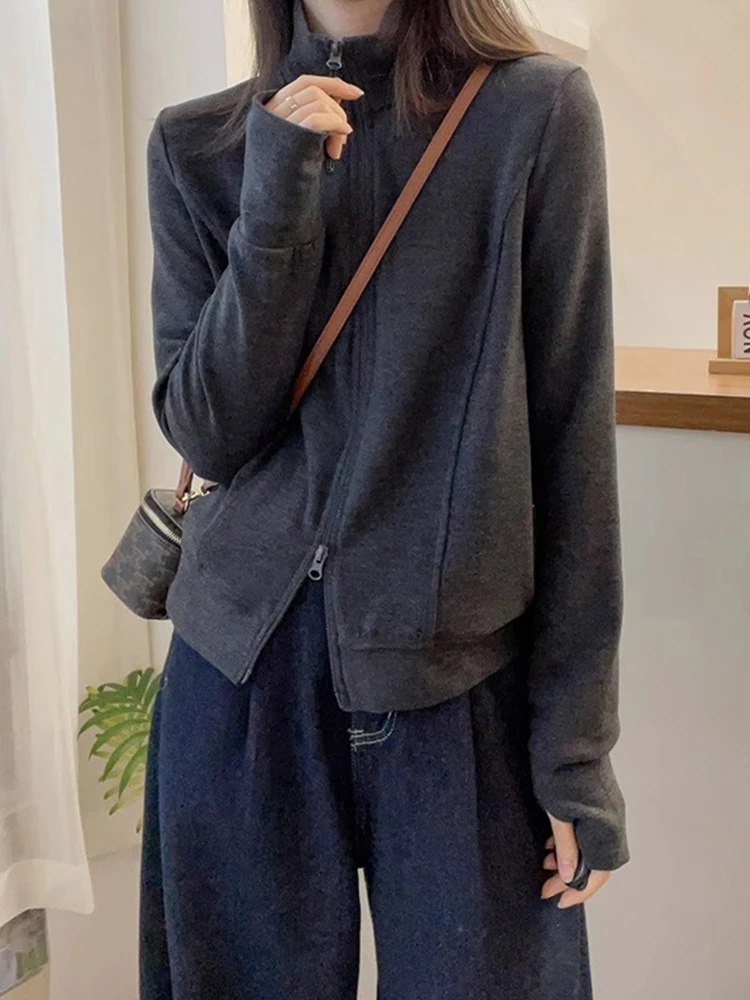 

Double Zipper Pure Color Stand Collar German Velvet Sweatshirt Cardigan Short Outerwear Slimming High End Casual Top for Women