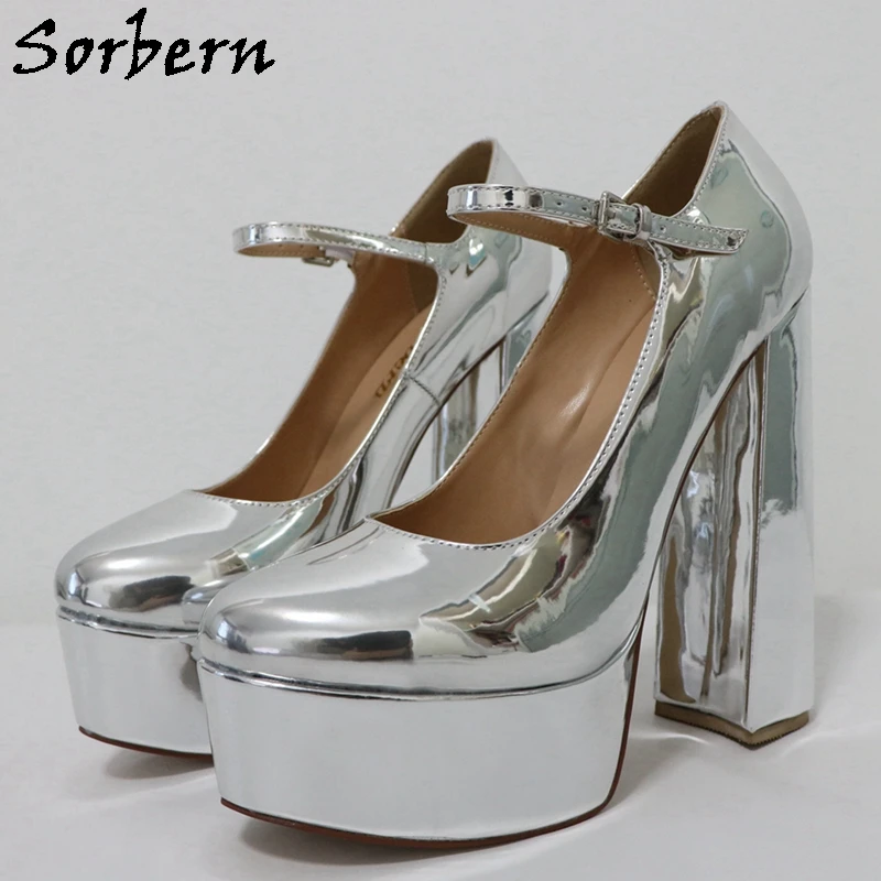 Sorbern Metallic Silver Mary Jane Women Pump Shoes Round Toe Block High Heel Thick Platform Shoe Custom Multi Colors