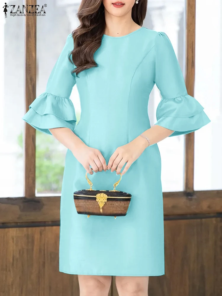 패션 여름 Sundress 2025 ZANZEA 여성 우아한 짧은 소매 솔리드 드레스 패션 작업 무릎 길이 가운 세련된 파티 드레스