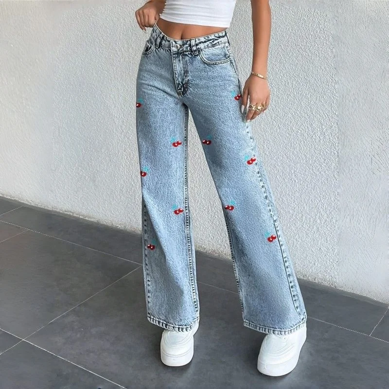 Female Sweet Mid-rise Loose Embroidered  Casual Jeans Girls Fashion Thin Straight Leg Pants Women Korean Denim Trousers