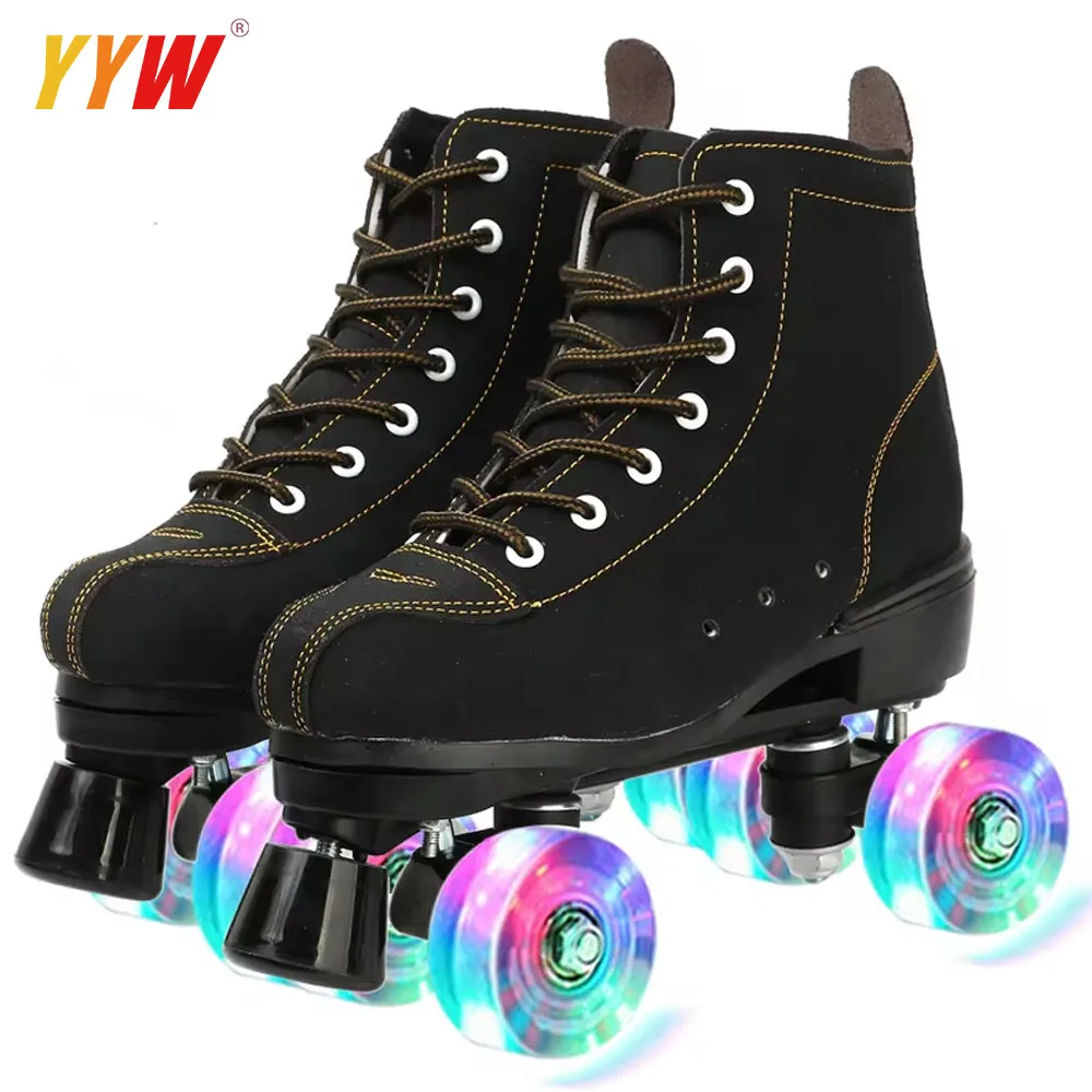 Pu Leather Roller Skates Skate Shoes Outdoor Beginner Skates Wheels Adult Double Row Roller Shoes Patins Sliding Quad Sneaker