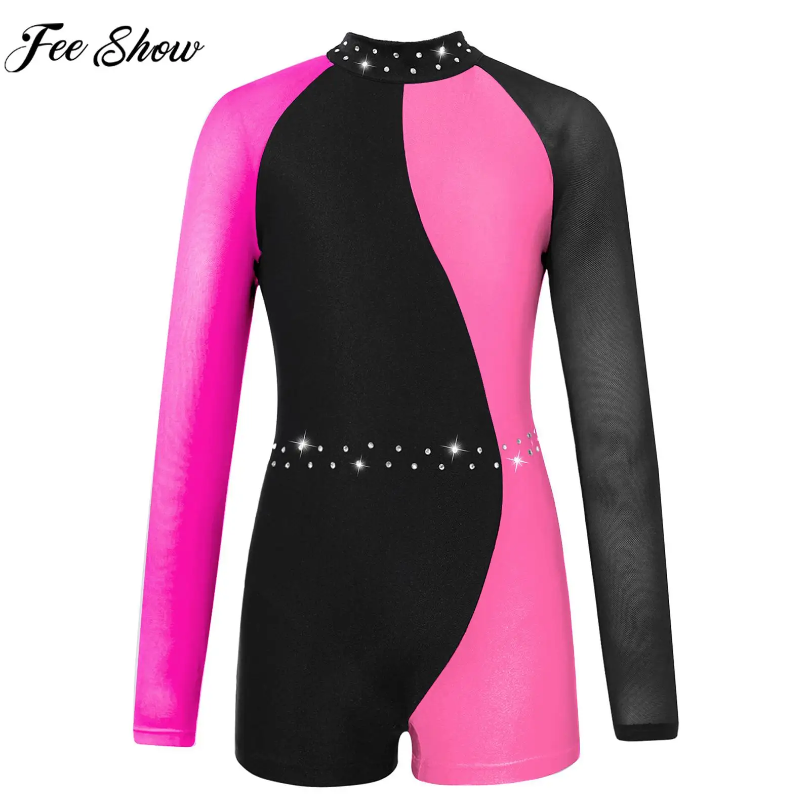 

Боди для фигурного катания для девочек, прозрачная сетка, с длинными рукавами и стразами, купальник для балета, танца, гимнастики, акробатики, йоги, спортивная одежда