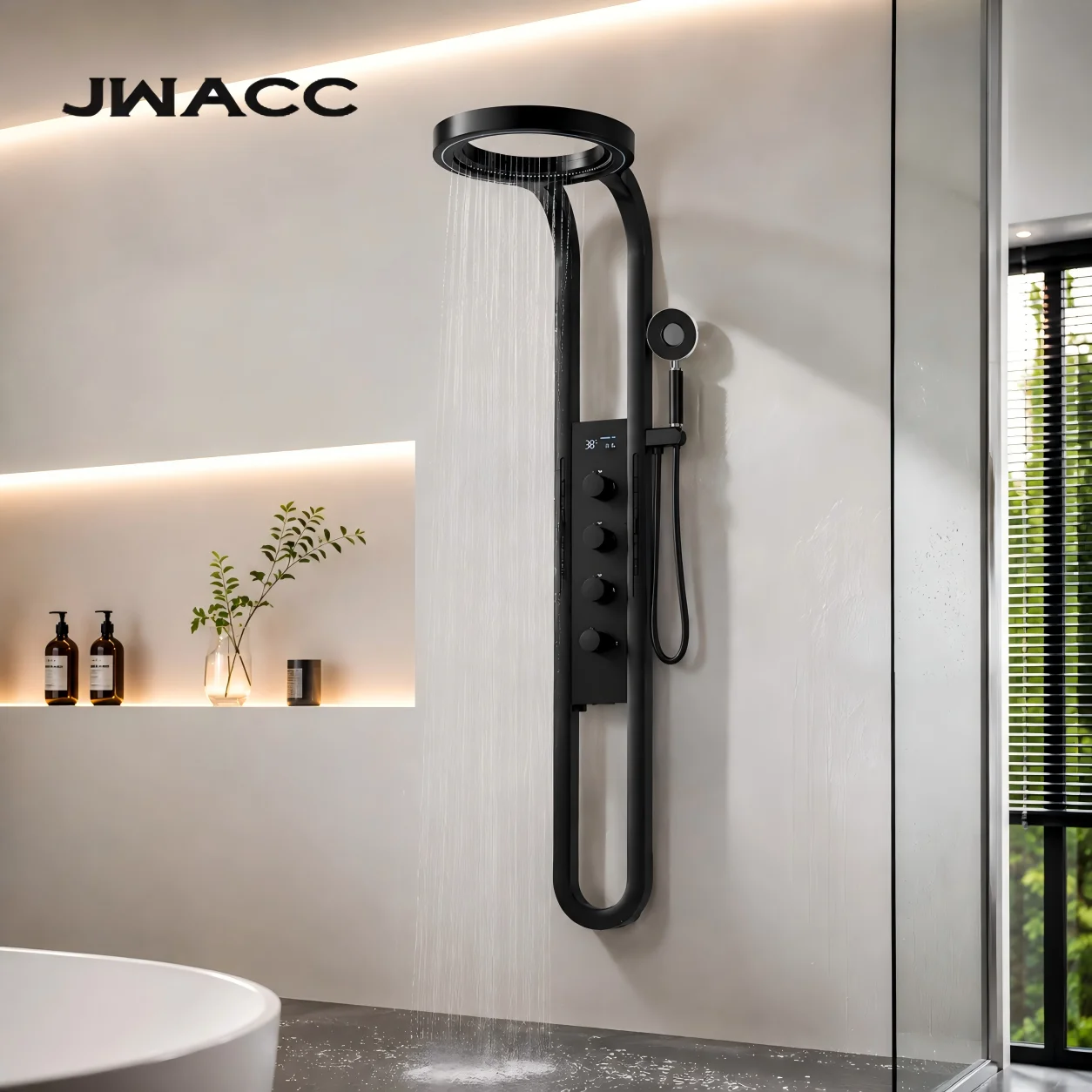 Modern Luxury Brass Shower Panel SPA Massage Jet LED Digital Display Waterfall Rainfall Bathroom Shower Column Faucet Set