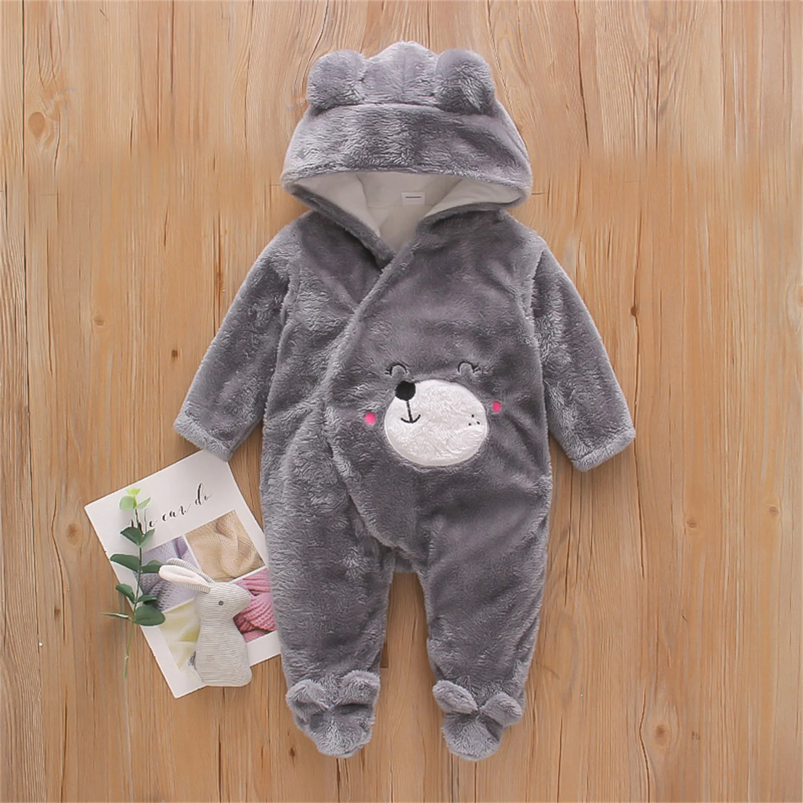 PatPat Winter Baby Bear Warm Fleece Hooded Footed/footie Long-sleeve Baby Jumpsuit Baby Rompers Baby Clothing