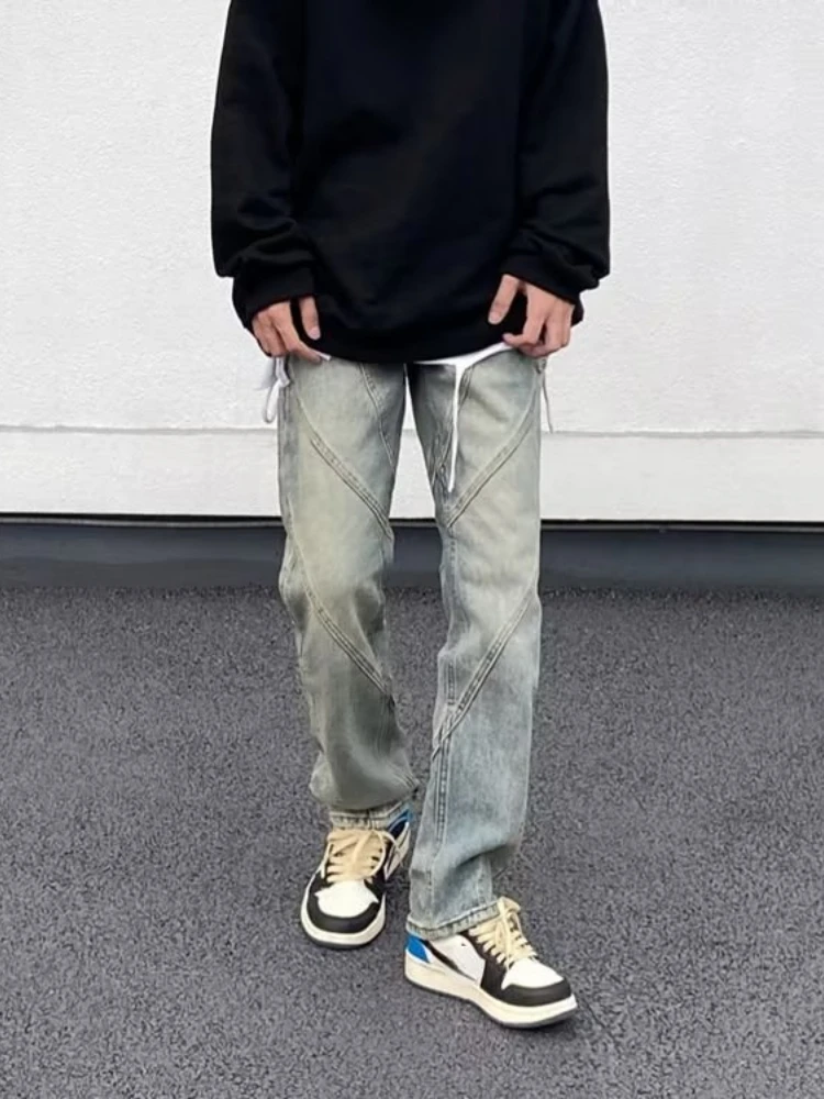 Man Jeans Printed Yellow Mud Dyed Y2k Jeans Men American High Street Pants Retro Loose Straight Hundred Wide Leg Long Pants