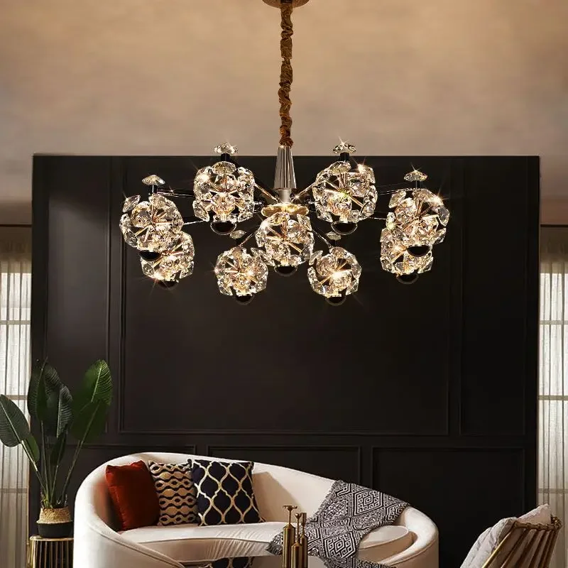 New modern crystal flower villa living room pendant lamp duplex building light luxury bedroom pendant lamp