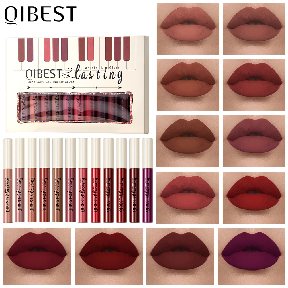QIBEST 12 Colors Matte Lip Gloss Set Waterproof Lasting Liquid Lipstick Velvet Nude Red Lipgloss Tint Nourish Non Stick Lipstick