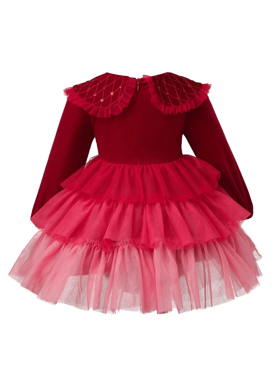 Christmas  Long Sleeve Girls Red Padded Dress Sweet Fluffy Mesh Princess Dresses Kids Dresses Girls Princes Sweet Party  Clothes