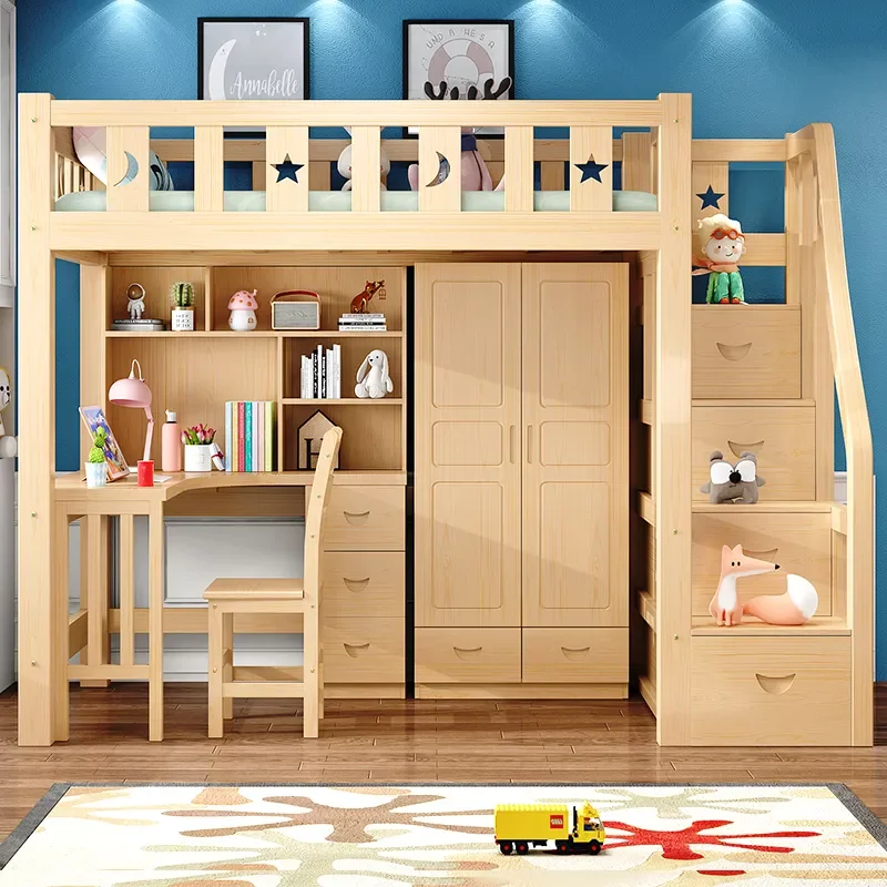 Solid Wood Bunk Bed for Kids and Adults with Staircase Desk Combo Upper Lower Loft Bed Student Space Saving Furniture