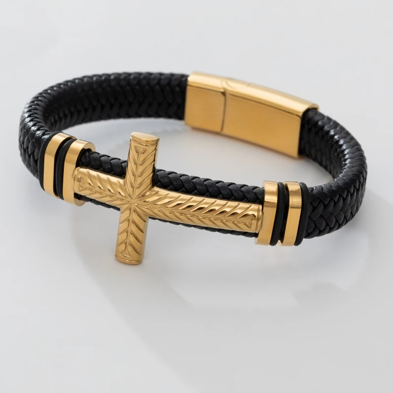 Holy Spirit Exquisite Cross Leather Bracelet Vintage Men's Cross Religious Amulets Jewelry Wholesale Motorcycle Accessories