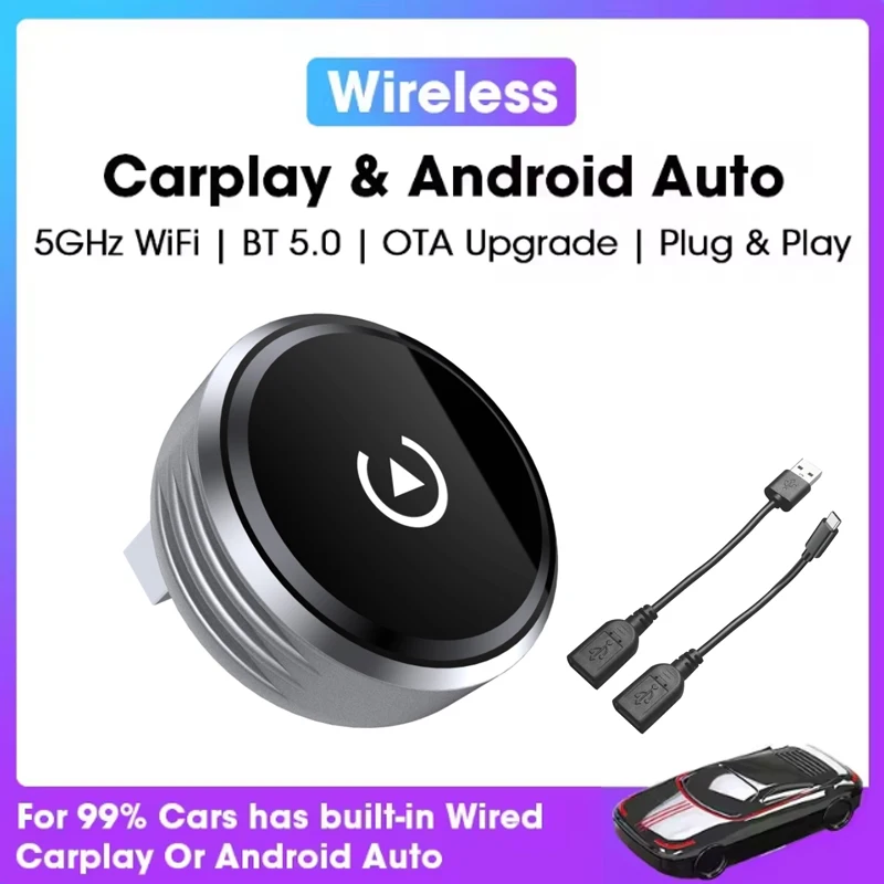 Nouvel adaptateur 2 en 1 Mini boîtier CarPlay filaire vers sans fil CarPlay et Android Auto Bluetooth WiFi connecter Plug & Play pour voitures d'origine