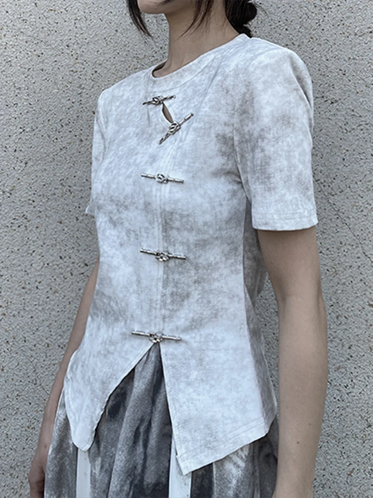 

Новая китайская трикотажная футболка с коротким рукавом и круглым вырезом, асимметричный дизайн, женский топ, лето 2025, модный принт, повседневная одежда