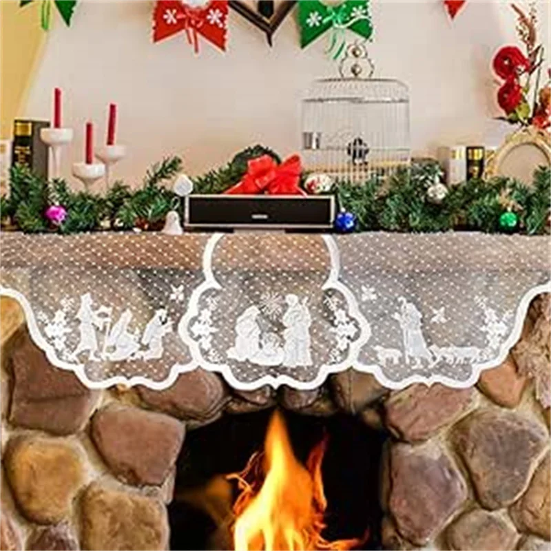 Lace Mantle Scarf for Christmas Winter Holiday Fireplace Decorations - White Christian Jesus Cover Decorations for Home