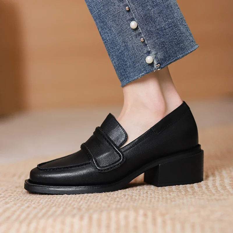 

2022 Spring Genuine Leather Slip-On Women Shoes Casual Loafers Square Toe Simple Shoes Thick Heel Shoes Woman Zapatos De Mujer