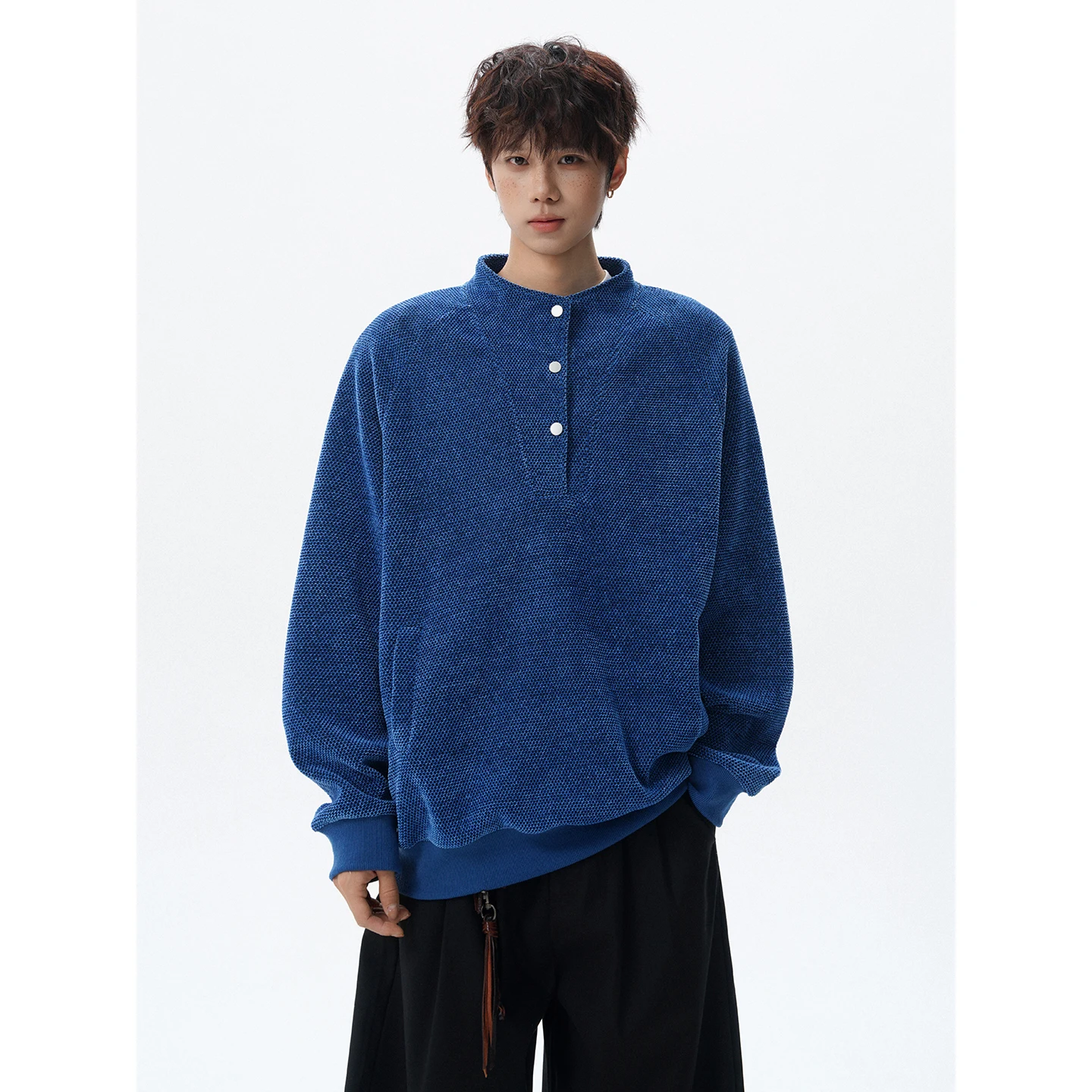 Men's Textured Henley Sweatshirt Oversized Stand Collar Half Button Detail Loose Fit Pullover Top Streetwear Fashion 2026 M-5XL