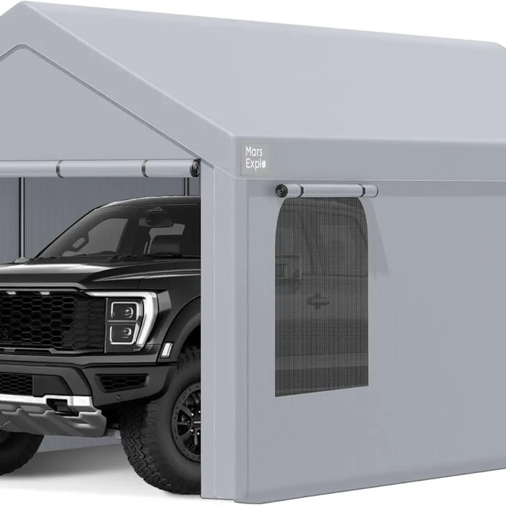 

Portable Heavy-Duty 12x20 Carport with Side Door & Roll-Up Windows - All-Season Tarp for Vehicles & Boats (Light Gray)